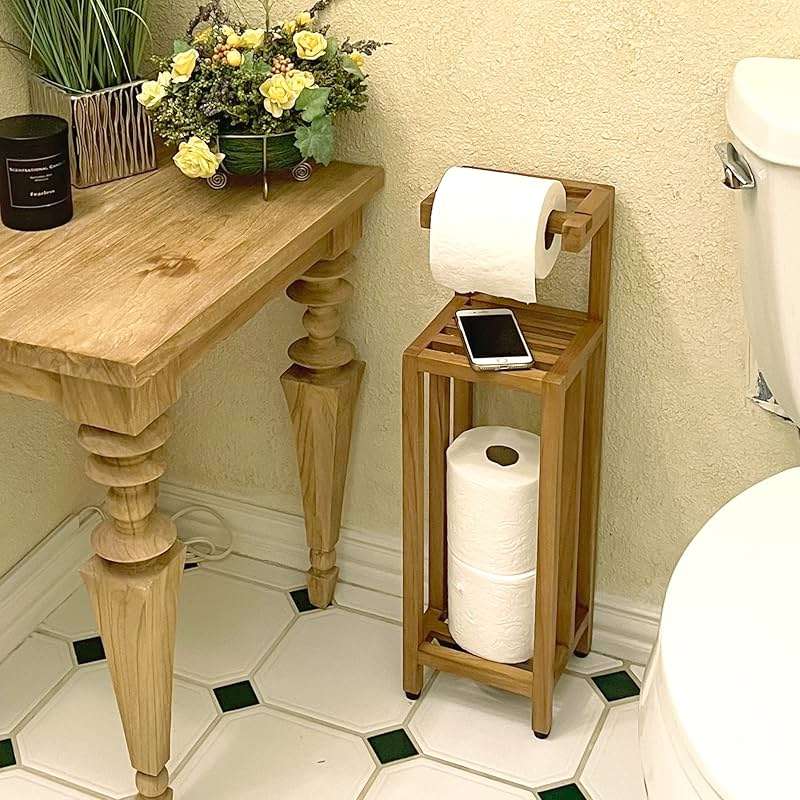 Solid Teak Toilet Paper Holder Stand with Shelf, Freestanding Bathroom Toilet Paper Roll Holder with Reserve, Standing Toilet Paper Holder with Storage, Fully Assembled, SpaTeak Collection, TB-702 - Image 4