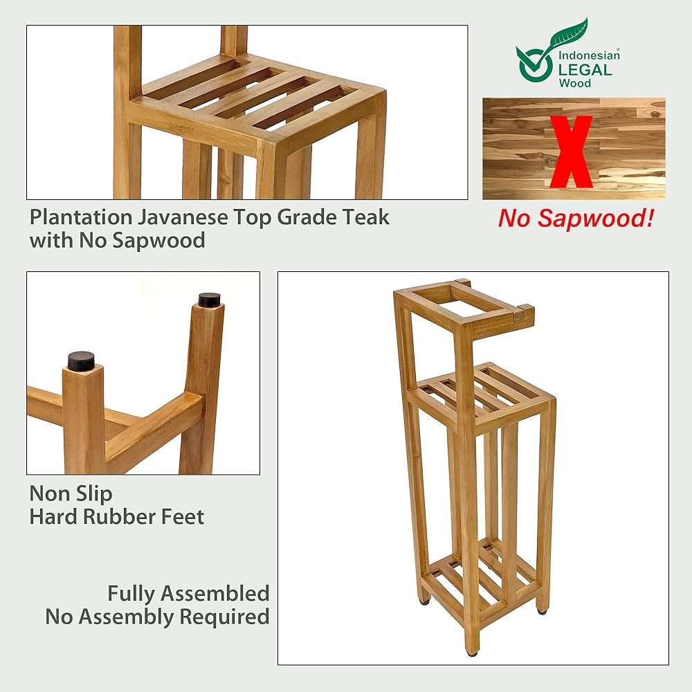 Solid Teak Toilet Paper Holder Stand with Shelf, Freestanding Bathroom Toilet Paper Roll Holder with Reserve, Standing Toilet Paper Holder with Storage, Fully Assembled, SpaTeak Collection, TB-702 - Image 5