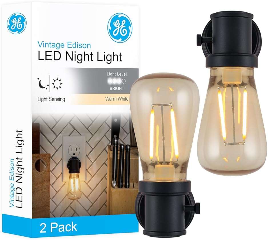 GE Vintage LED Edison Night Lights Plug Into Wall, 2-Pack, Dusk to Dawn Auto Sensor, Warm White, Adjustable Brightness Plug in Nightlight with Manual On/Off/High/Low Switch, Perfect for Adults - Image 1