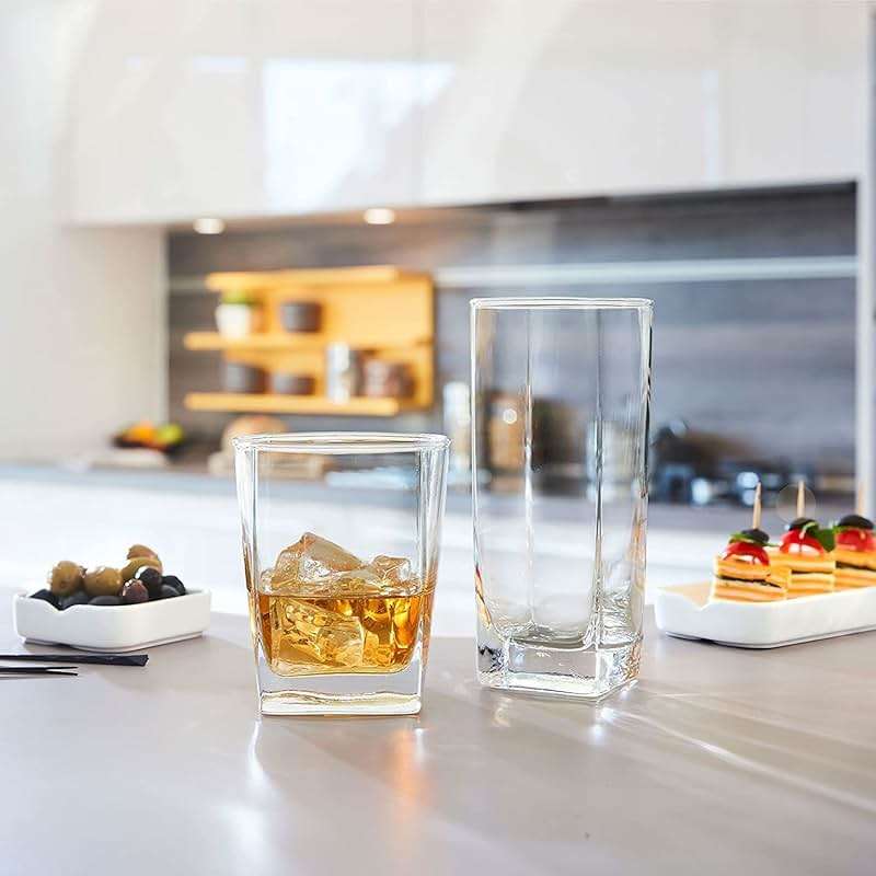 Le'raze Collins Everyday Drinking Glasses Set of 16 Drinkware Kitchen Glasses for Cocktail, Iced Coffee, Beer, Ice Tea, Wine, Whiskey, Water, 8 Tall Highball Glass Cups & 8 Short Old Fashioned. - Image 5