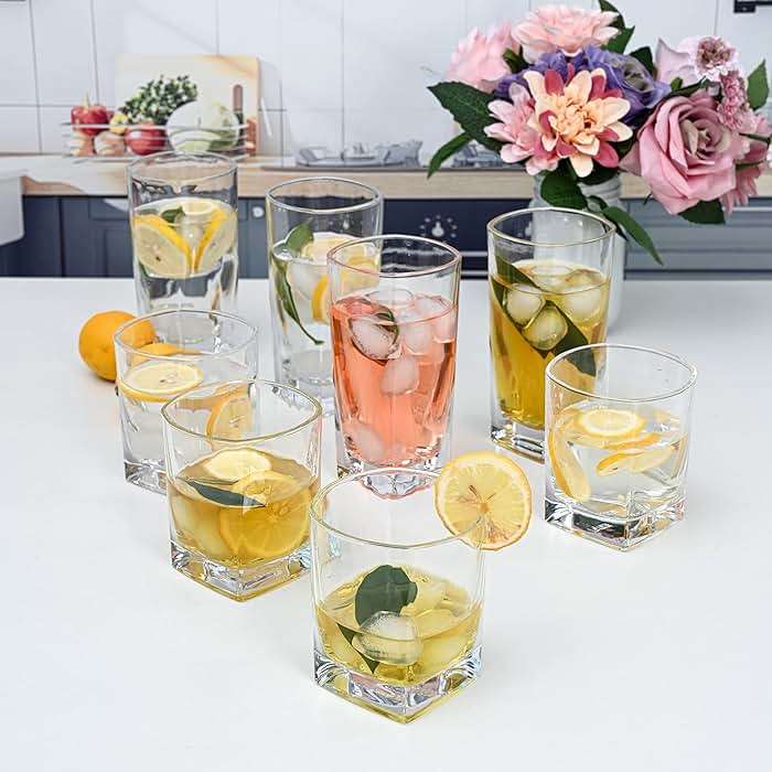 Le'raze Collins Everyday Drinking Glasses Set of 16 Drinkware Kitchen Glasses for Cocktail, Iced Coffee, Beer, Ice Tea, Wine, Whiskey, Water, 8 Tall Highball Glass Cups & 8 Short Old Fashioned. - Image 7