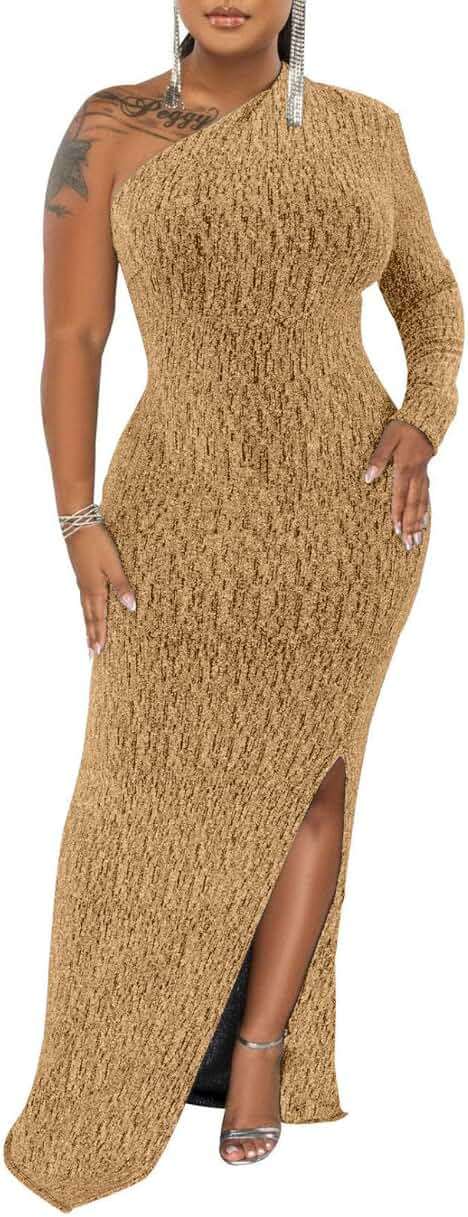 Women's Formal Evening Gowns Elegant Sparkly One Shoulder Maxi Dresses Sexy Long Sleeve High Split Party Long Dress - Image 1