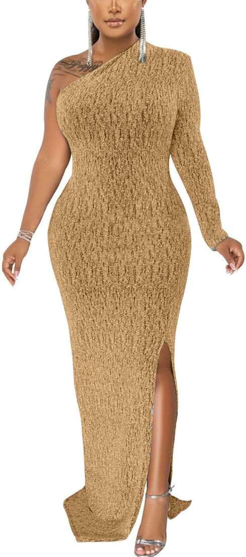 Women's Formal Evening Gowns Elegant Sparkly One Shoulder Maxi Dresses Sexy Long Sleeve High Split Party Long Dress - Image 3