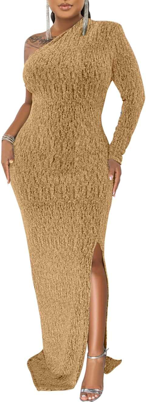 Women's Formal Evening Gowns Elegant Sparkly One Shoulder Maxi Dresses Sexy Long Sleeve High Split Party Long Dress - Image 4
