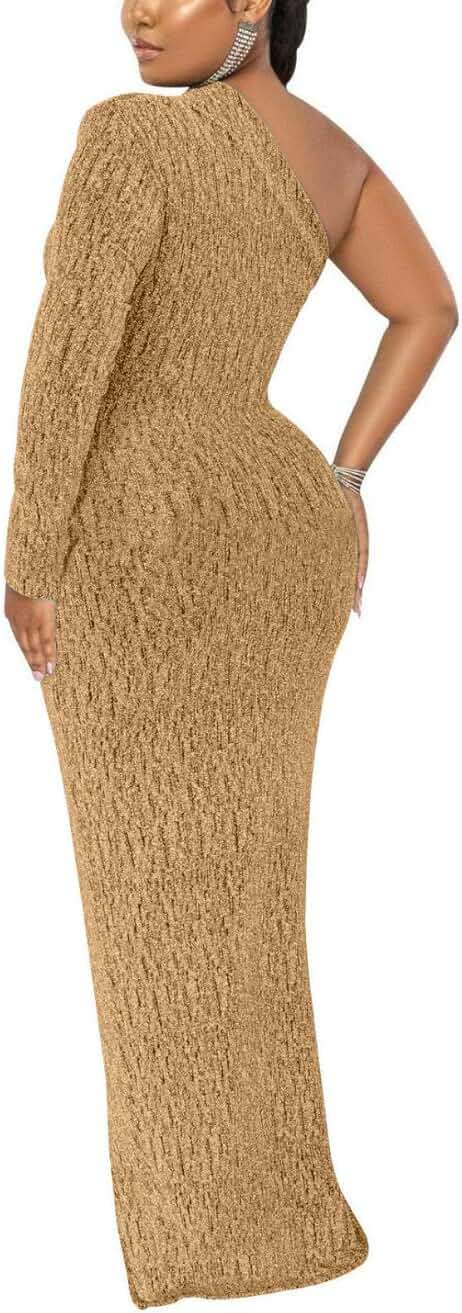 Women's Formal Evening Gowns Elegant Sparkly One Shoulder Maxi Dresses Sexy Long Sleeve High Split Party Long Dress - Image 5