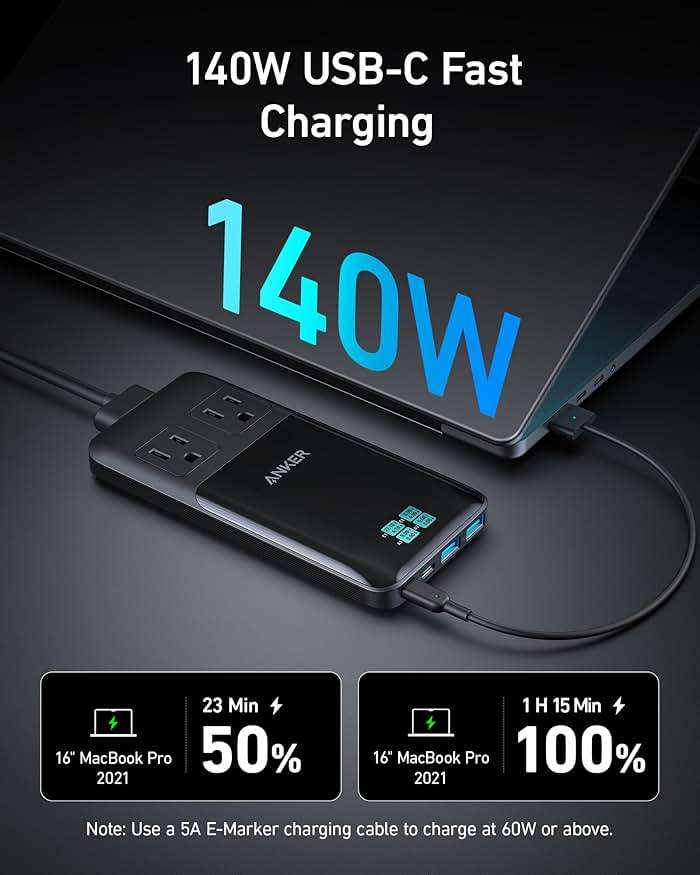 Anker Prime Charging Station, 140W 6-in-1 Travel Power Strip, 5ft Detachable Extension Cord with Multiple Outlets, 2 AC, 2 USB C, 2 USB A, Desk Accessories, Home Office (Non-Battery/Wireless) - Image 3