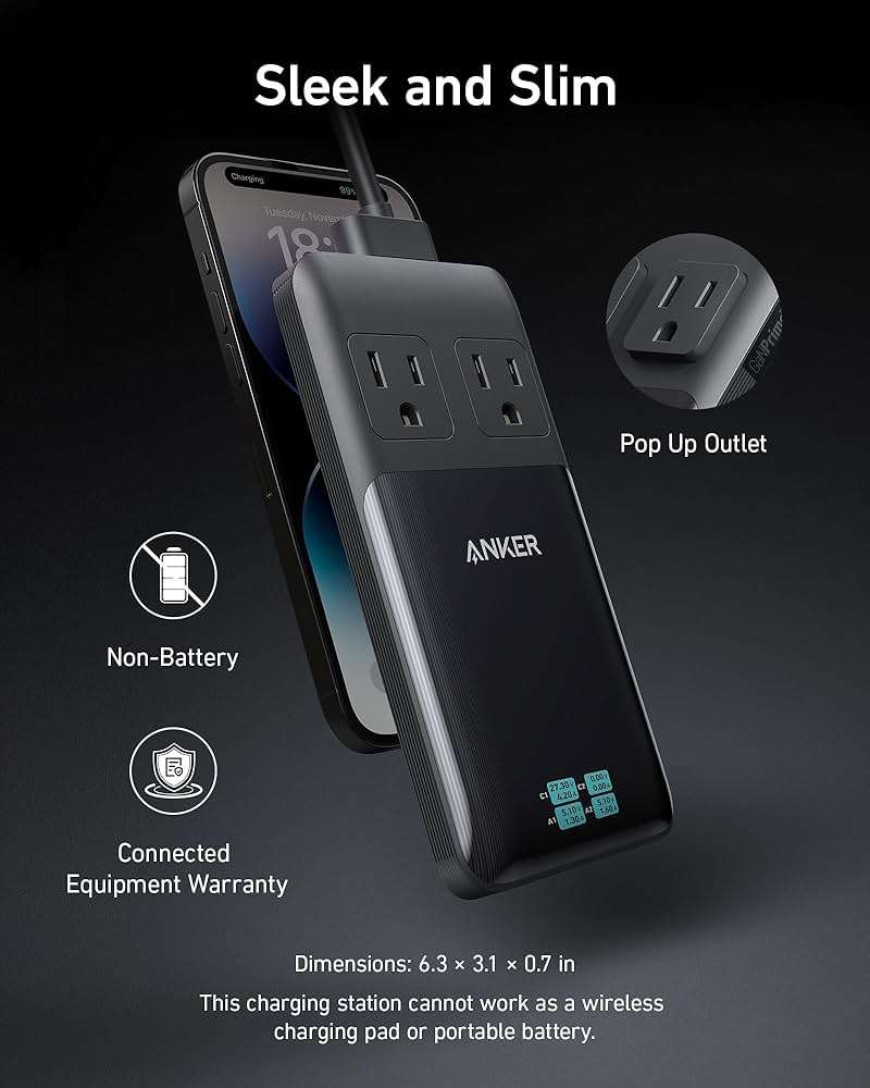 Anker Prime Charging Station, 140W 6-in-1 Travel Power Strip, 5ft Detachable Extension Cord with Multiple Outlets, 2 AC, 2 USB C, 2 USB A, Desk Accessories, Home Office (Non-Battery/Wireless) - Image 4