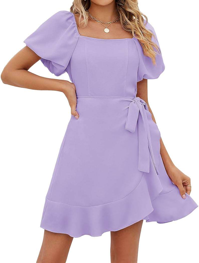 Sampeel Womens Summer Dresses Square Neck Puff Sleeve Tie Waist Short Dress - Image 2