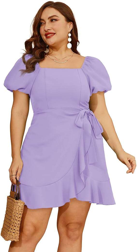 Sampeel Womens Summer Dresses Square Neck Puff Sleeve Tie Waist Short Dress - Image 3