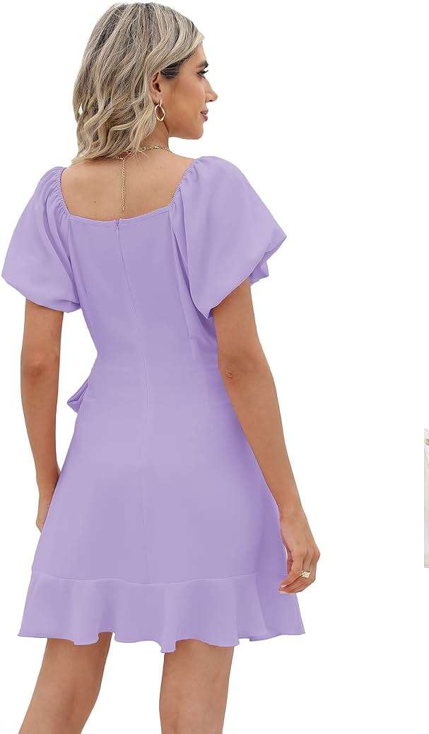 Sampeel Womens Summer Dresses Square Neck Puff Sleeve Tie Waist Short Dress - Image 4