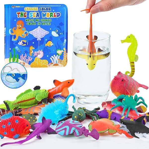 Color Changing No Hole Bath Toys for Kids Toddlers, Color Change Water Table Bathtub Toys Sea Creatures Rubber Fish for Kids & 2 Glow in The Dark Ocean Animal with Bath Book - Image 1