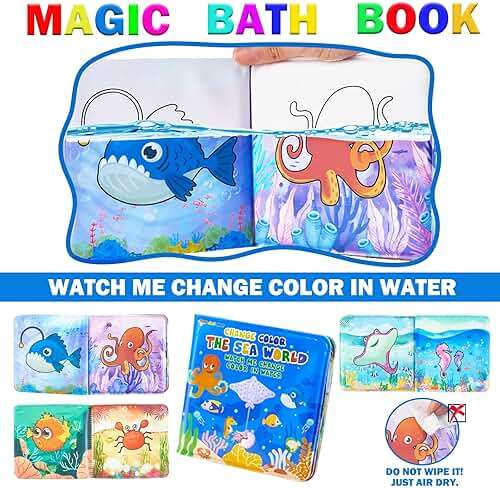 Color Changing No Hole Bath Toys for Kids Toddlers, Color Change Water Table Bathtub Toys Sea Creatures Rubber Fish for Kids & 2 Glow in The Dark Ocean Animal with Bath Book - Image 3