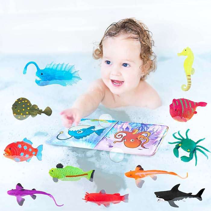 Color Changing No Hole Bath Toys for Kids Toddlers, Color Change Water Table Bathtub Toys Sea Creatures Rubber Fish for Kids & 2 Glow in The Dark Ocean Animal with Bath Book - Image 4