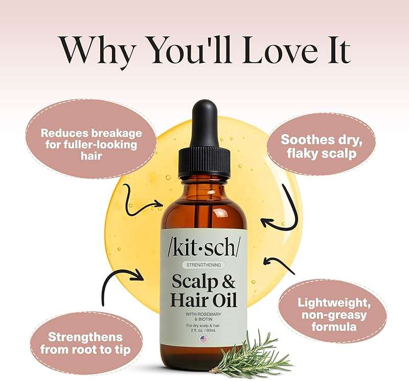Kitsch Rosemary Oil for Hair Growth – Pre-Wash Hair Oil with Castor, Biotin, Jojoba – Hair Care, Adds Shine, Strengthens Roots, Scalp Treatment | Ideal Gifts for Women – Lavender Scent, 60mL - Image 3