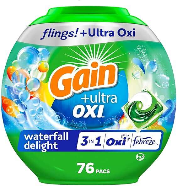 Gain Flings Liquid Washing Detergent Pods, Now with Odor Defense + Color Guard, Waterfall Delight Scent, 4-In-1 liquid laundry detergent pacs, clean & fresh, 76 Count (Packaging May Vary) - Image 1