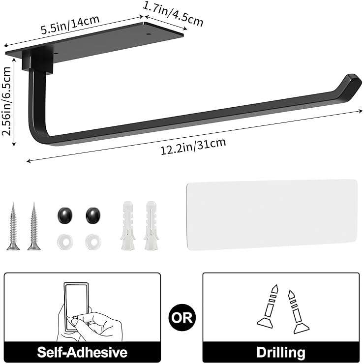 Paper Towel Holder - Self-Adhesive or Drilling, Matte Black, Upgraded Aluminum Kitchen Roll Dispenser Under Cabinet, Lighter but Stronger Than Stainless Steel! - Image 2
