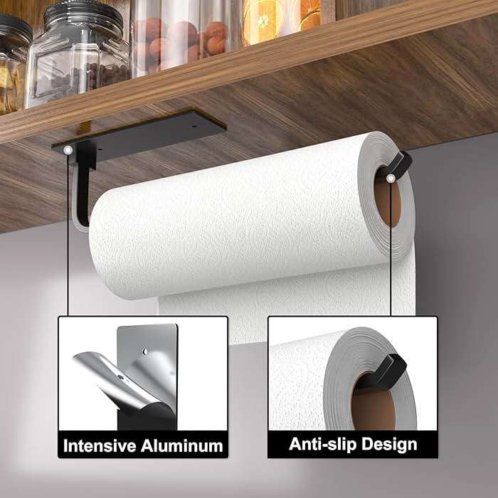 Paper Towel Holder - Self-Adhesive or Drilling, Matte Black, Upgraded Aluminum Kitchen Roll Dispenser Under Cabinet, Lighter but Stronger Than Stainless Steel! - Image 3