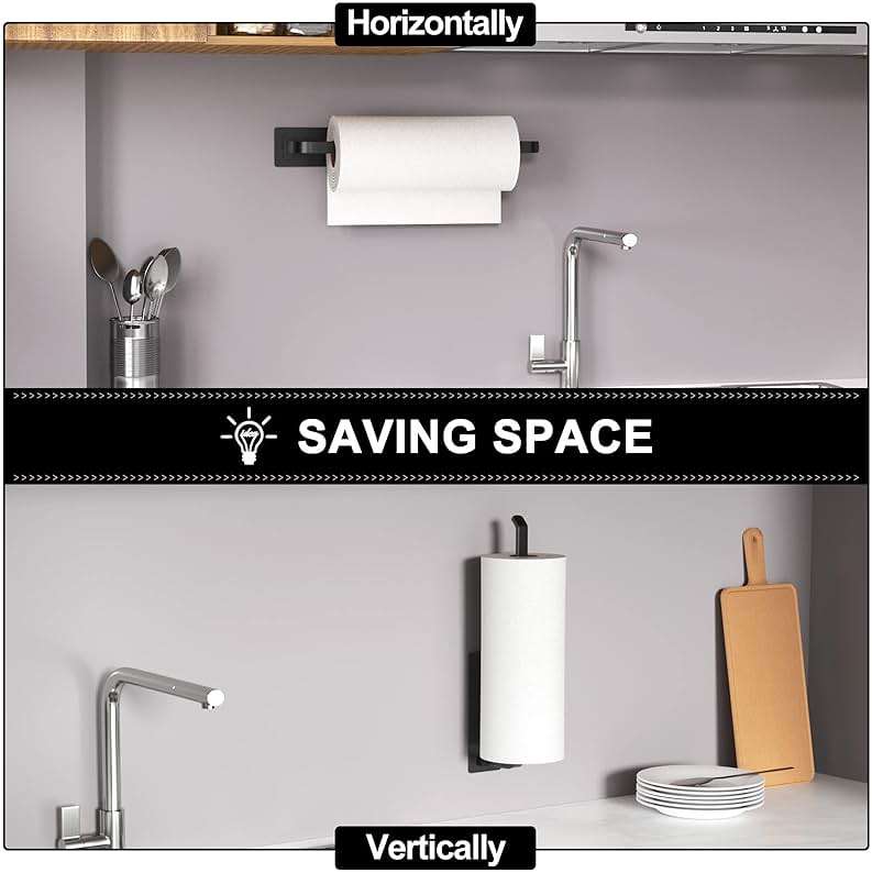 Paper Towel Holder - Self-Adhesive or Drilling, Matte Black, Upgraded Aluminum Kitchen Roll Dispenser Under Cabinet, Lighter but Stronger Than Stainless Steel! - Image 4