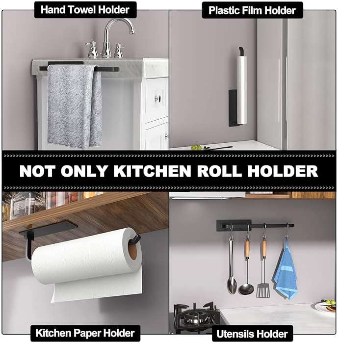 Paper Towel Holder - Self-Adhesive or Drilling, Matte Black, Upgraded Aluminum Kitchen Roll Dispenser Under Cabinet, Lighter but Stronger Than Stainless Steel! - Image 5