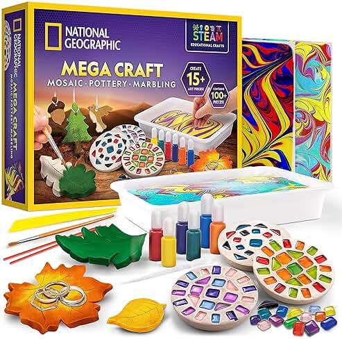 National Geographic Mega Arts and Crafts Kit for Kids – Mosaic Kit, Marbling Paint Kit & Air Dry Clay Pottery Kit – Art Projects for Kids Ages 8-12, Crafts for Girls and Boys (Amazon Exclusive) - Image 1