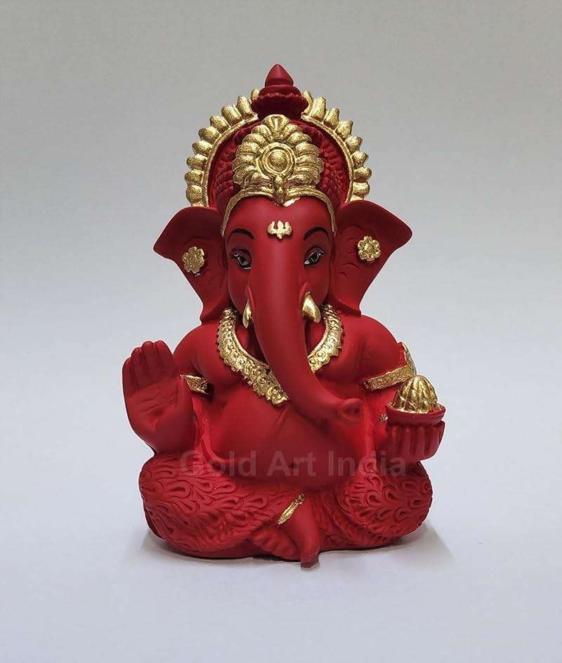 Gold Art India Mukut Ganesha Idol for Car Dashboard Maroon Red and Gold Small Ganesha Murti Ganpati Idol for Home Decor Puja Lord Ganesh Statue Gift for Office Desk Puja Room Figurine - Image 1