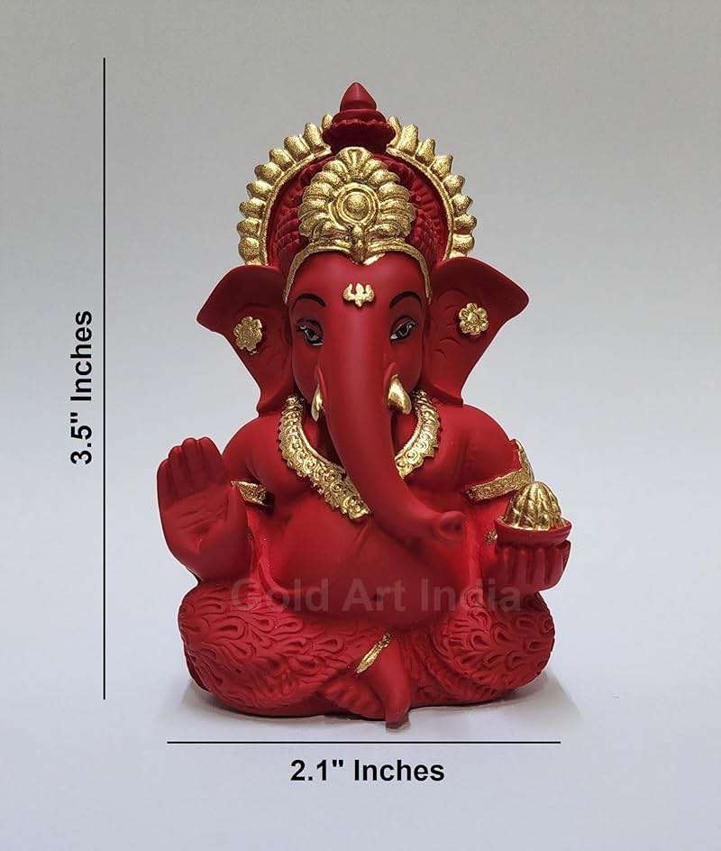 Gold Art India Mukut Ganesha Idol for Car Dashboard Maroon Red and Gold Small Ganesha Murti Ganpati Idol for Home Decor Puja Lord Ganesh Statue Gift for Office Desk Puja Room Figurine - Image 3