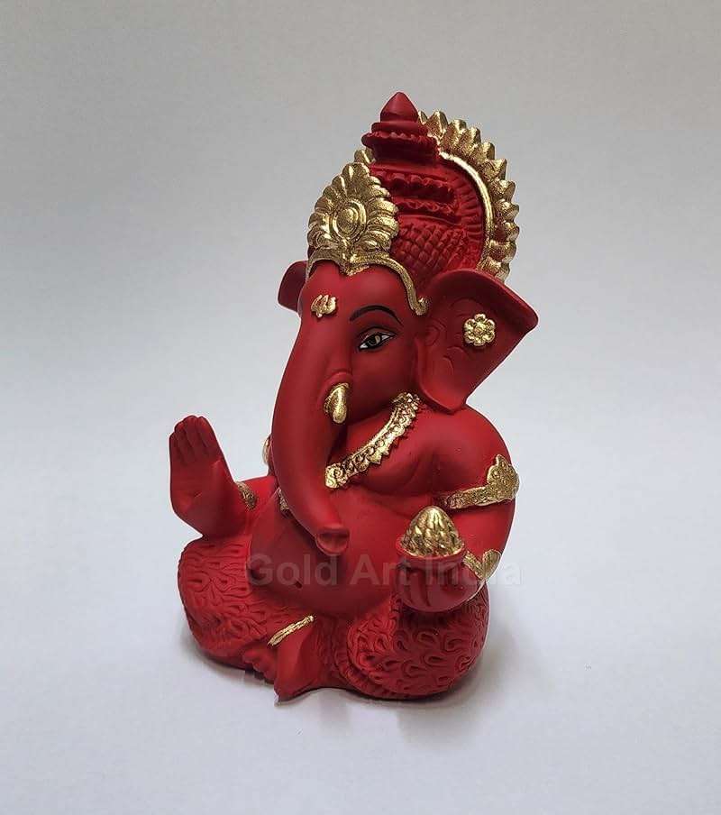 Gold Art India Mukut Ganesha Idol for Car Dashboard Maroon Red and Gold Small Ganesha Murti Ganpati Idol for Home Decor Puja Lord Ganesh Statue Gift for Office Desk Puja Room Figurine - Image 4