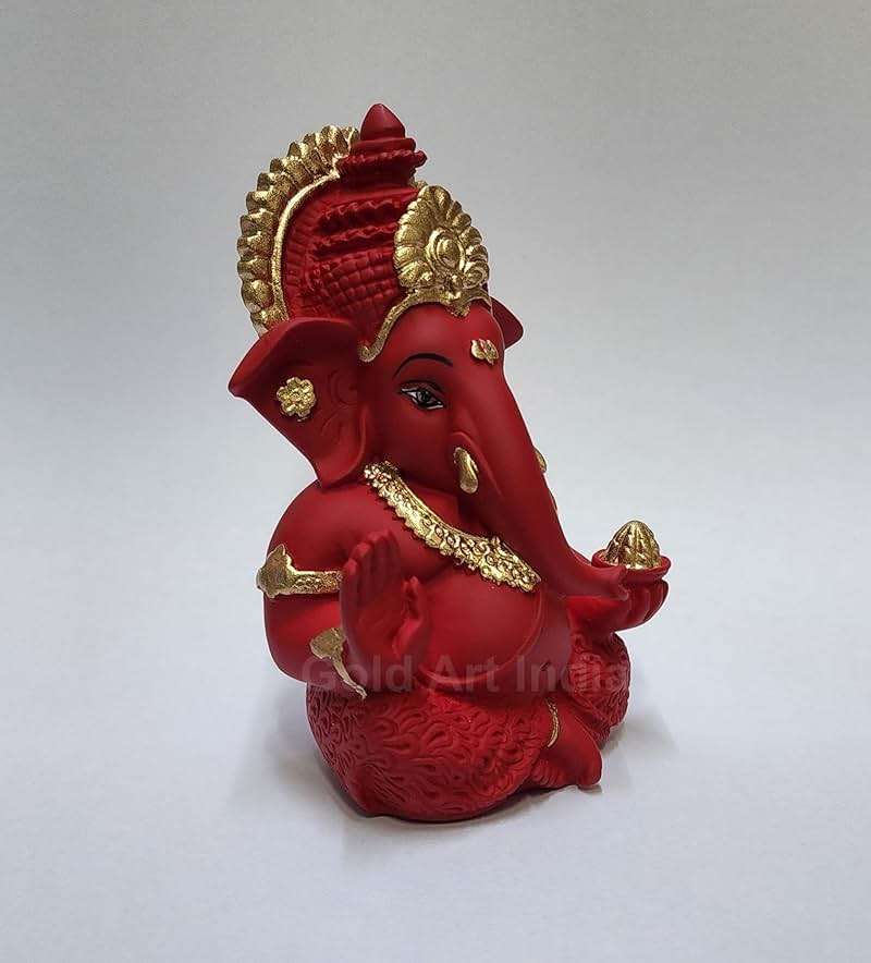 Gold Art India Mukut Ganesha Idol for Car Dashboard Maroon Red and Gold Small Ganesha Murti Ganpati Idol for Home Decor Puja Lord Ganesh Statue Gift for Office Desk Puja Room Figurine - Image 5