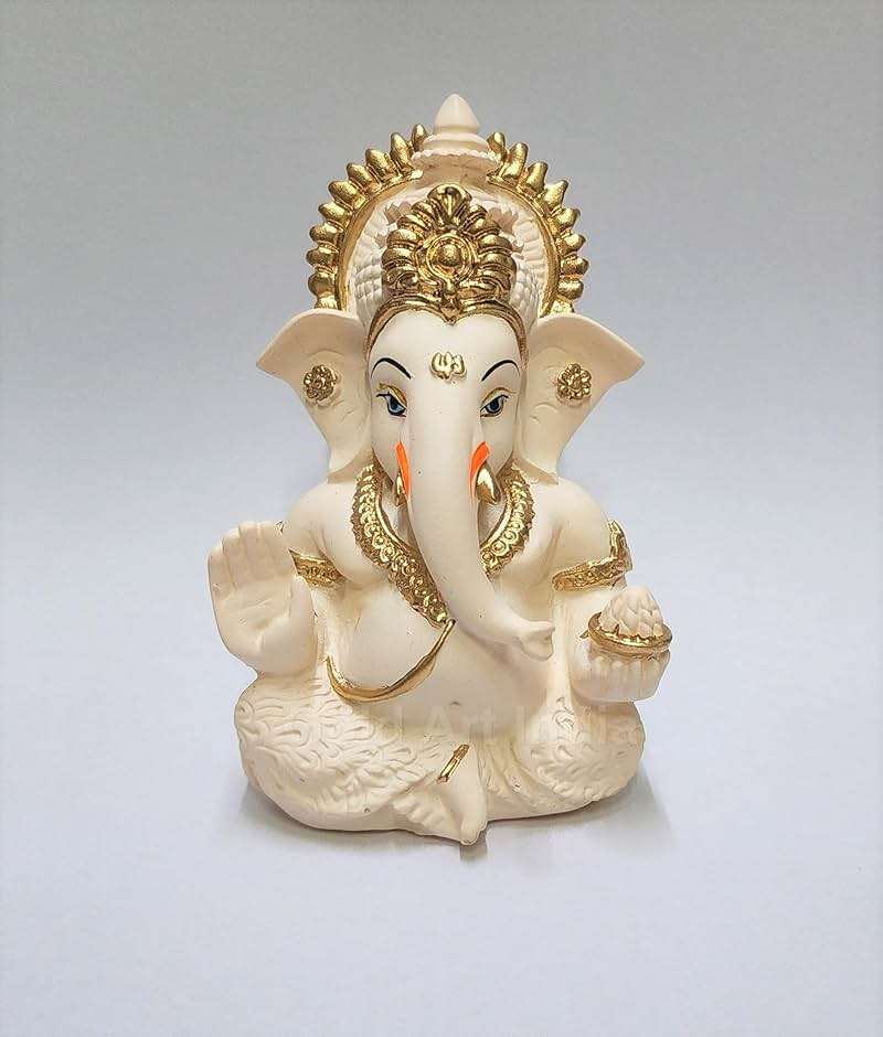 Gold Art India Peach Ivory Finish Ganesha Idol Car Dashboard IdolGanesha Murti Ganpati Idol for Home Decor Puja Lord Ganesh Statue Gift for Office Desk Puja Room Figurine - Image 1