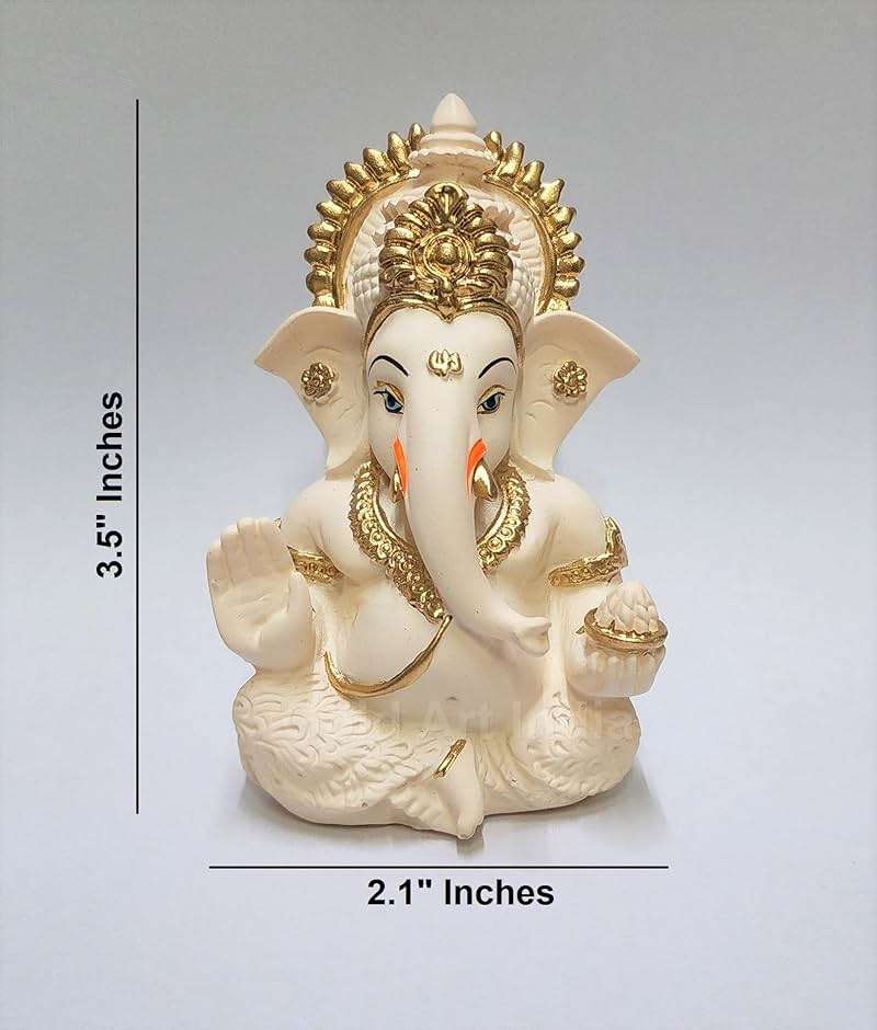 Gold Art India Peach Ivory Finish Ganesha Idol Car Dashboard IdolGanesha Murti Ganpati Idol for Home Decor Puja Lord Ganesh Statue Gift for Office Desk Puja Room Figurine - Image 2