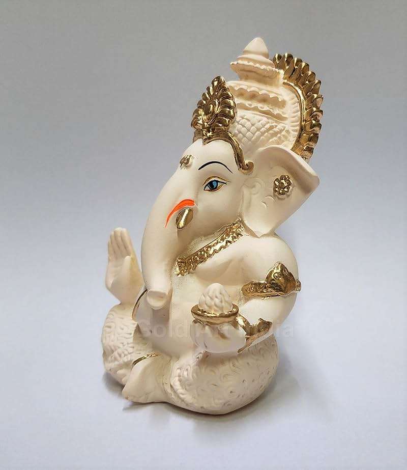 Gold Art India Peach Ivory Finish Ganesha Idol Car Dashboard IdolGanesha Murti Ganpati Idol for Home Decor Puja Lord Ganesh Statue Gift for Office Desk Puja Room Figurine - Image 3