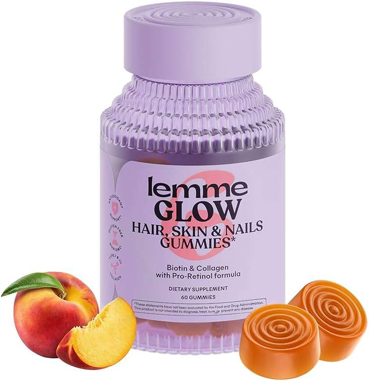 Lemme Glow Collagen Gummies for Thick Hair, Strong Nails & Healthy Skin with Multi-Collagen Peptides, Biotin, Trace Minerals, Zinc, Vitamins A, C & E, Dairy & Gluten Free, Peach Flavor, 60 ct. - Image 1