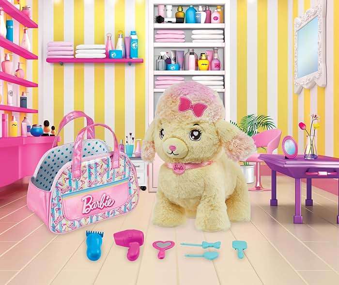Mattel Barbie Plush Toy Playset, Hairdresser Poodle Stuffed Animal with Lights & Sounds, Plus Themed Purse & 6 Accessories, Salon Pet Adventure - Image 2