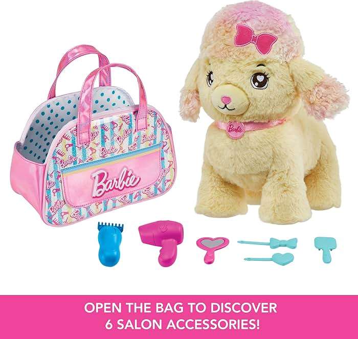 Mattel Barbie Plush Toy Playset, Hairdresser Poodle Stuffed Animal with Lights & Sounds, Plus Themed Purse & 6 Accessories, Salon Pet Adventure - Image 3