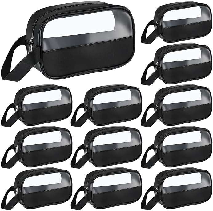 Buryeah 12 Pieces Toiletry Bags Bulk for Women Men Translucent Small Travel Makeup Pouch Portable Waterproof Organizer Set for Accessories Toiletries Gifts for Wedding(Black) - Image 1