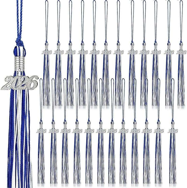 24 Pieces Graduation Tassels with 2026 Year Date Charms Grad Graduation Cap Tassel Decoration for 2026 Party Gifts Activities, 16.2 Inch(Royal Blue, White, Silver) - Image 1