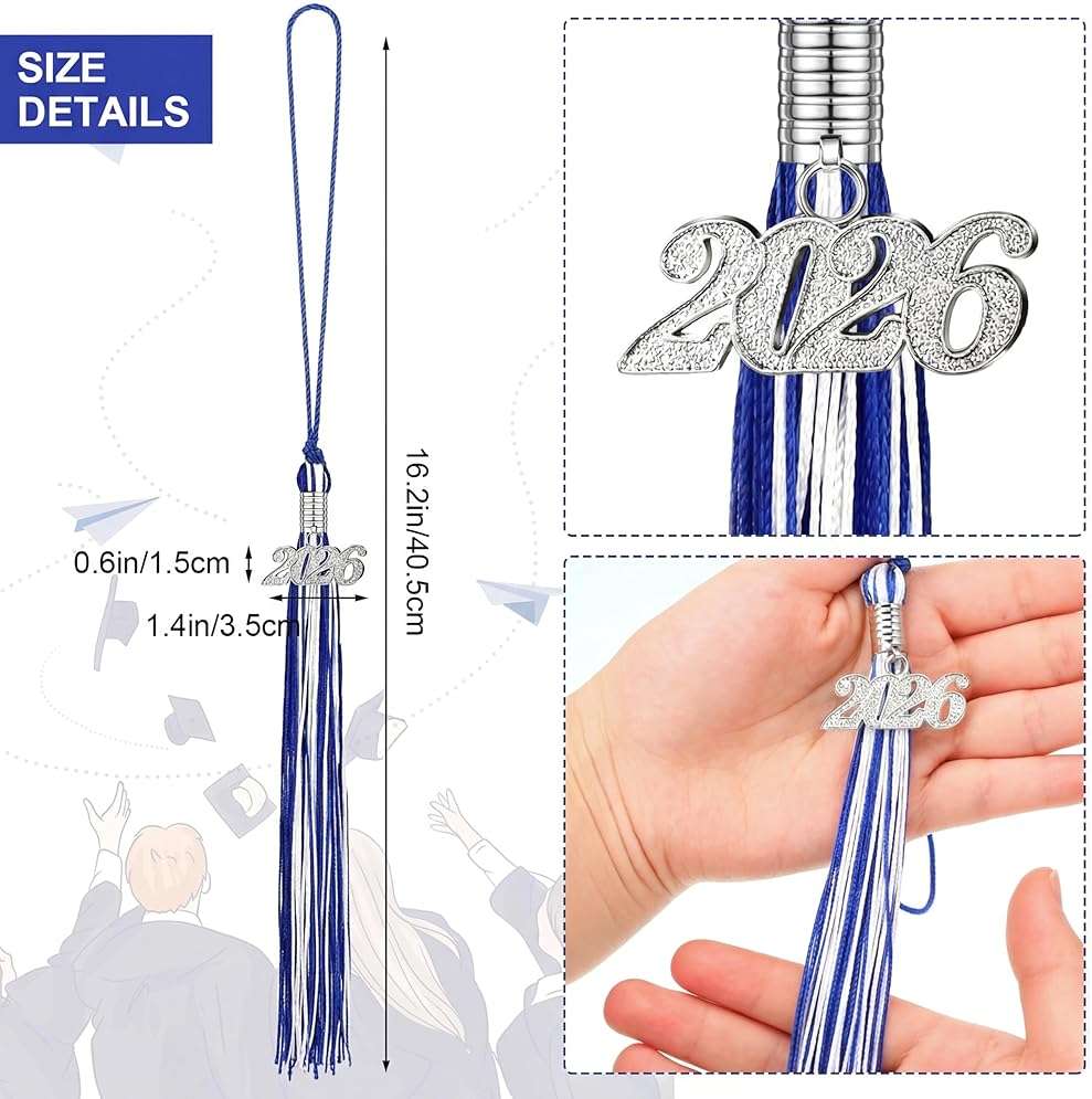 24 Pieces Graduation Tassels with 2026 Year Date Charms Grad Graduation Cap Tassel Decoration for 2026 Party Gifts Activities, 16.2 Inch(Royal Blue, White, Silver) - Image 3