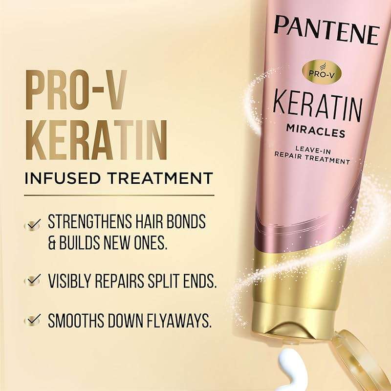 Pantene Keratin Leave-In Conditioner with Argan Oil, Protein Treatment for Dry, Damaged & Color-Treated Hair, Repairs Split Ends & Protects from Damage, Formaldehyde-Free, 8.4 Fl Oz - Image 2