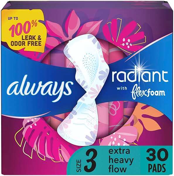 Always Radiant Feminine Pads for Women, Flexfoam Pads with Wings, Size 3, Extra Heavy Absorbency, Lightly Scented, 30 Count - Image 1