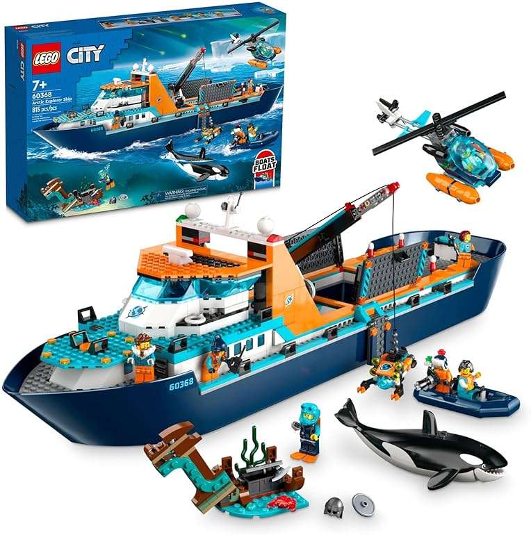 LEGO City Arctic Explorer Ship 60368 Building Toy Set, Fun Toy Gift for 7 Year Old Boys and Girls, with a Floatable Boat, Helicopter, Dinghy, ROV Sub, Viking Shipwreck, 7 Minifigures and an Orca - Image 1