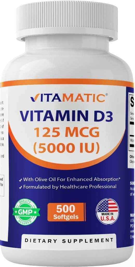 Vitamatic Vitamin D3 5000 IU (125 mcg) – 500 Mini Softgels Olive Oil-Based Formula – Cold-Pressed – 500-Day Supply – Supports Bone, Muscle & Immune Health – Non-GMO & Gluten-Free - Image 1