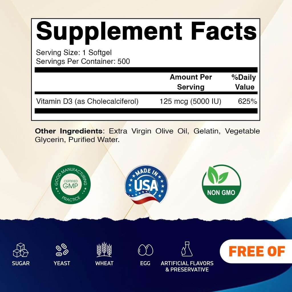Vitamatic Vitamin D3 5000 IU (125 mcg) – 500 Mini Softgels Olive Oil-Based Formula – Cold-Pressed – 500-Day Supply – Supports Bone, Muscle & Immune Health – Non-GMO & Gluten-Free - Image 2