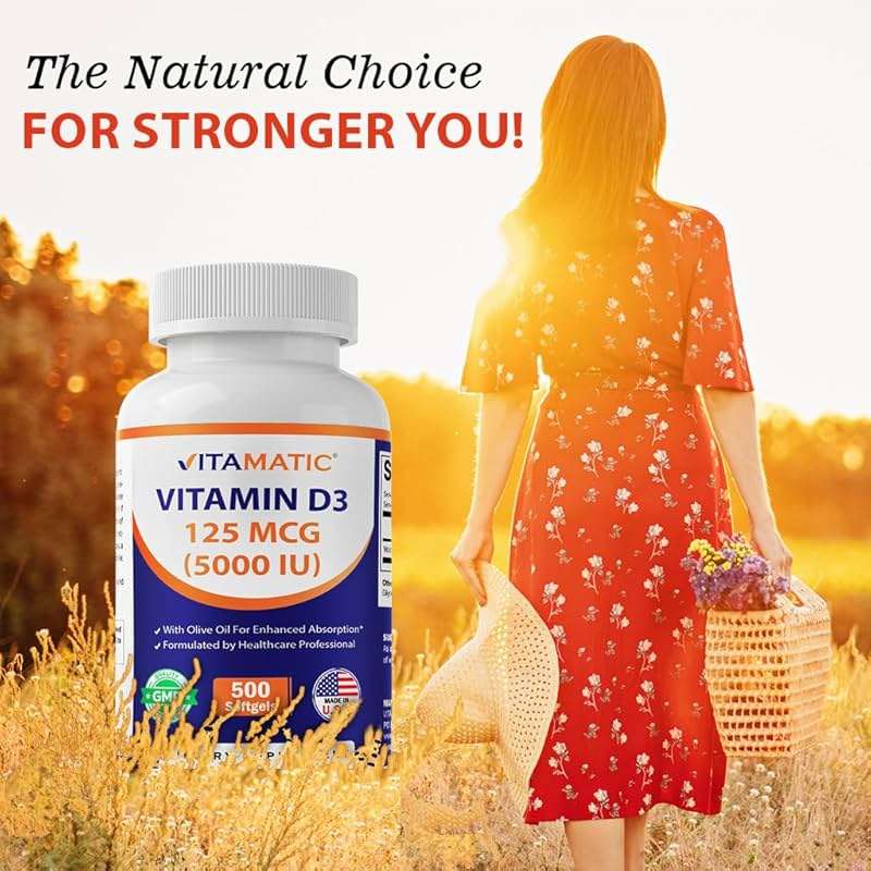 Vitamatic Vitamin D3 5000 IU (125 mcg) – 500 Mini Softgels Olive Oil-Based Formula – Cold-Pressed – 500-Day Supply – Supports Bone, Muscle & Immune Health – Non-GMO & Gluten-Free - Image 4