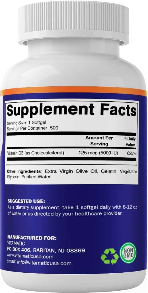 Vitamatic Vitamin D3 5000 IU (125 mcg) – 500 Mini Softgels Olive Oil-Based Formula – Cold-Pressed – 500-Day Supply – Supports Bone, Muscle & Immune Health – Non-GMO & Gluten-Free - Image 9