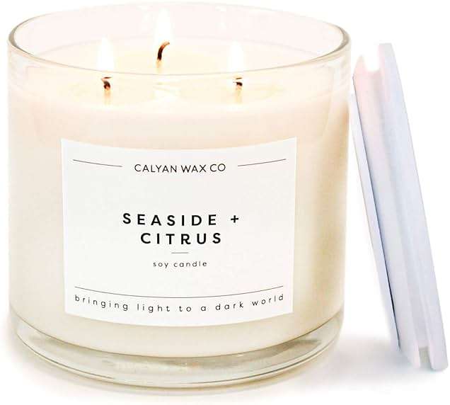 Calyan Wax Co. Seaside & Citrus 3 Wick Scented Candle - 43 Hour Burn - Luxury 3 Wick Soy Candles - Clean Soy Wax Candles - Long Lasting Large Glass Jar Candle for Home - 14.9oz - Image 1