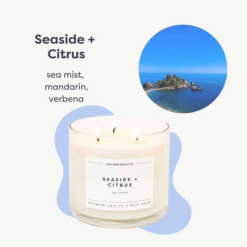 Calyan Wax Co. Seaside & Citrus 3 Wick Scented Candle - 43 Hour Burn - Luxury 3 Wick Soy Candles - Clean Soy Wax Candles - Long Lasting Large Glass Jar Candle for Home - 14.9oz - Image 2
