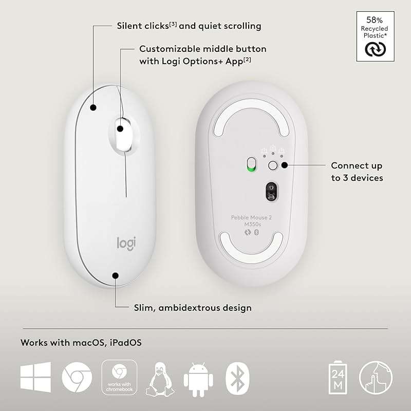 Logitech Pebble Mouse 2 M350s Slim Bluetooth Wireless Mouse, Portable, Lightweight, Customizable Button, Quiet Clicks, Easy-Switch for Windows, macOS, iPadOS, Android, Chrome OS - Tonal White - Image 6