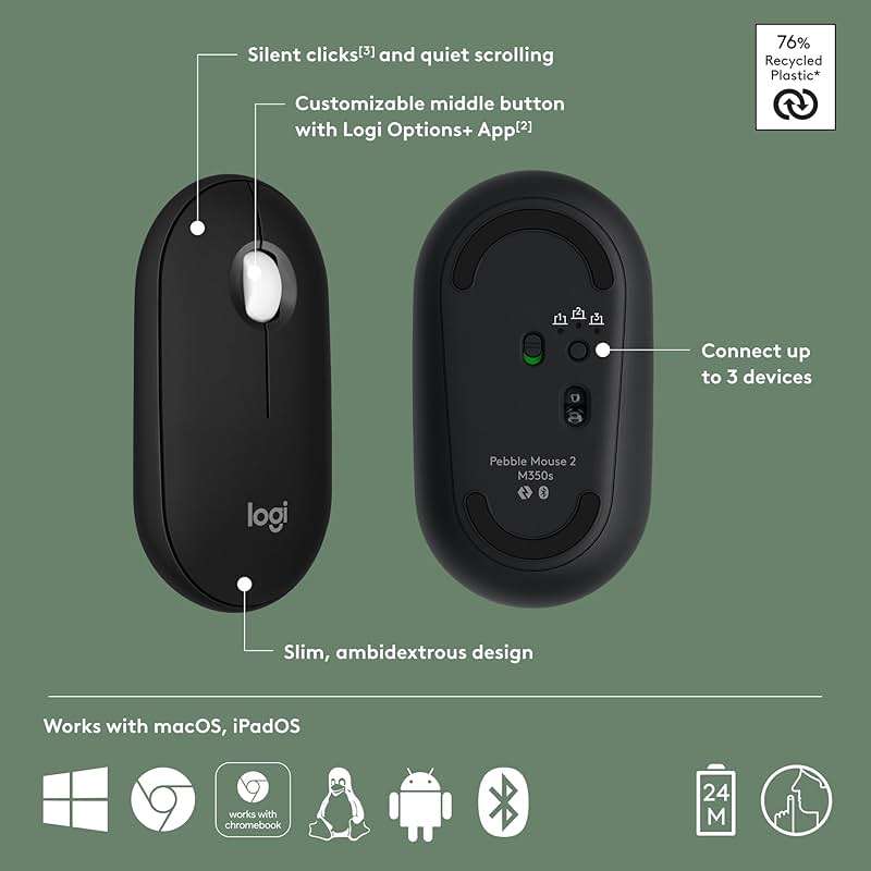 Logitech Pebble Mouse 2 M350s Slim Bluetooth Wireless Mouse, Portable, Lightweight, Customizable Button, Quiet Clicks, Easy-Switch for Windows, macOS, iPadOS, Android, Chrome OS - Black - Image 6