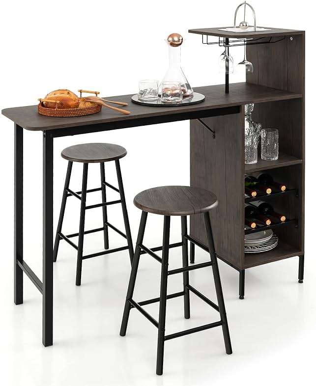 GOFLAME Bar Table Set for 2, Counter Height Dining Table Set with Shelves, Cup Holder & Wine Rack, Breakfast Table & Stools Set, 3-Piece Pub Table Set for Kitchen, Dining Room, Brown - Image 1