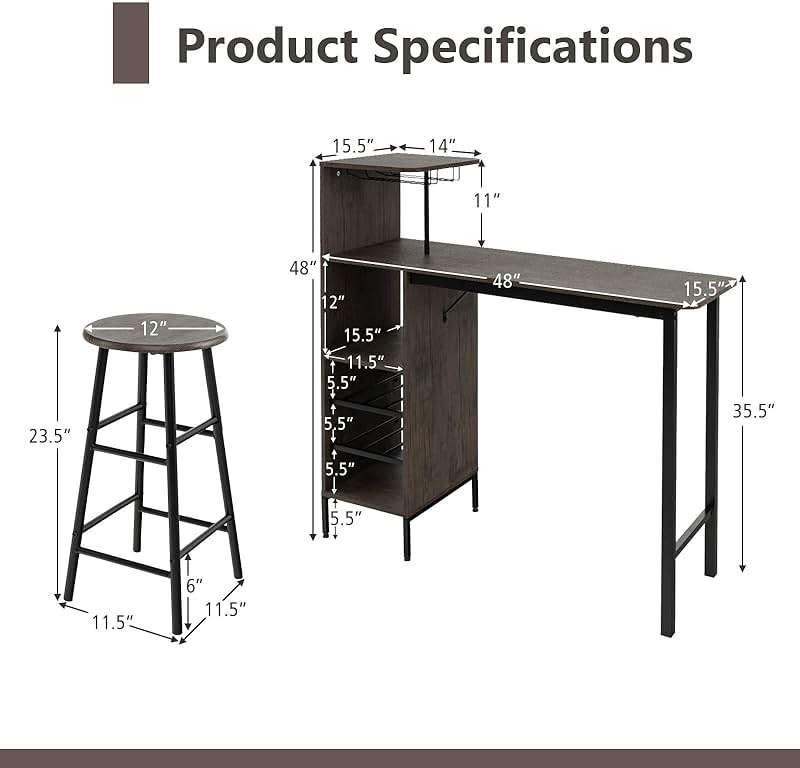 GOFLAME Bar Table Set for 2, Counter Height Dining Table Set with Shelves, Cup Holder & Wine Rack, Breakfast Table & Stools Set, 3-Piece Pub Table Set for Kitchen, Dining Room, Brown - Image 3